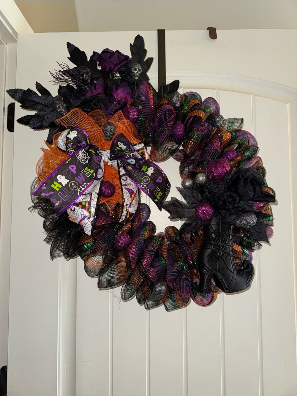 Hand Crafted Black, Purple & Orange Halloween Deco Mesh Wreath